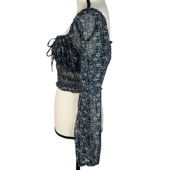 Aeropostale Small Cropped Top Floral Ruffled Keyhole Balloon Sleeve Square Neck - Picture 7 of 9